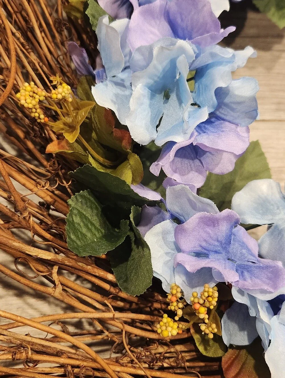 Handmade Summer Blue Hydrangea Grapevine Wreath Rustic Farmhouse Door Decor